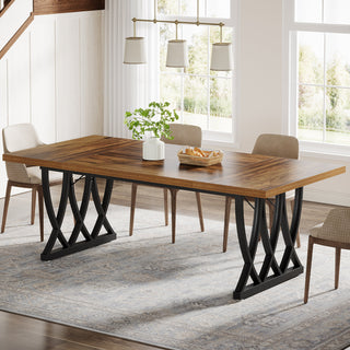 Dining Table, 70.87 Inch Rectangular, Walnut Finish Top, Black Metal X-Legs