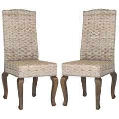 Side Chairs, Set of 2, Rattan Frame, White Washed, Brown Solid Wood Legs