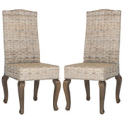 Side Chairs, Set of 2, Rattan Frame, White Washed, Brown Solid Wood Legs