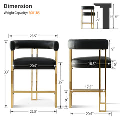 Counter Stool with Arms, Black Faux Leather, Gold Metal Legs