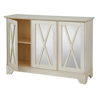 Sideboard, 3 Mirrored Doors, Solid and Manufactured Wood, Distressed Antique White