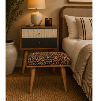Footstool, Tray Style, Animal Print Velvet, Solid Mango Wood Legs, Yellow and Beige