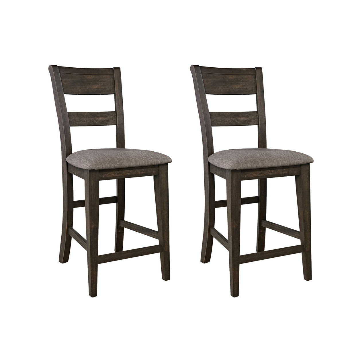 Counter Chairs, Set of 2, Gray Linen Seat, Dark Chestnut Rubberwood Frame