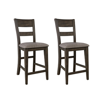 Counter Chairs, Set of 2, Gray Linen Seat, Dark Chestnut Rubberwood Frame
