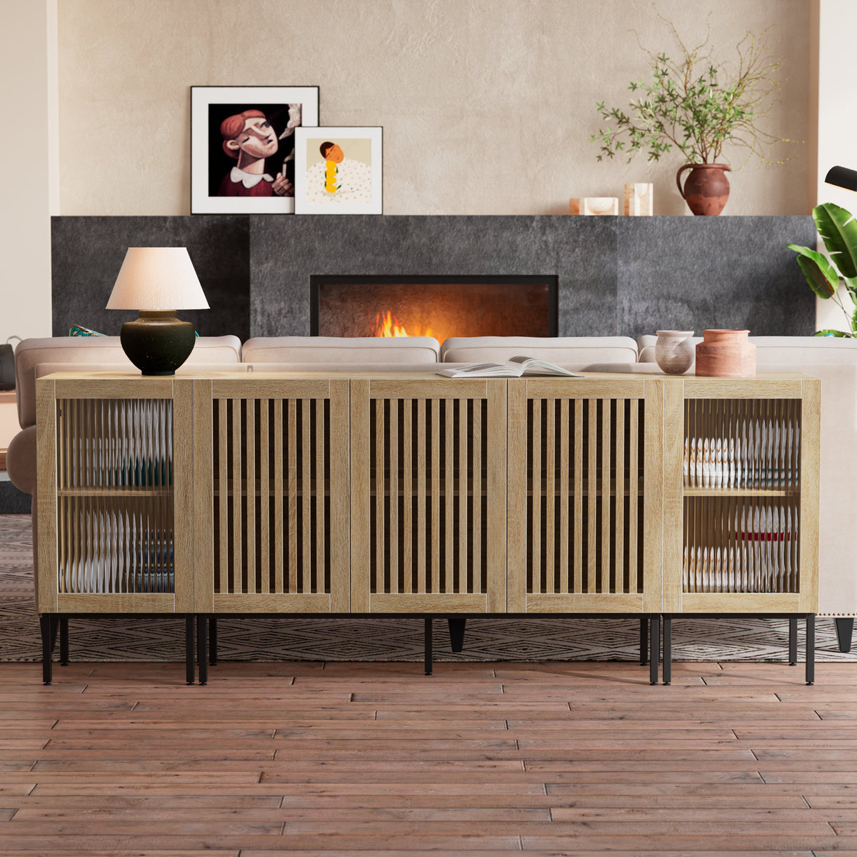 Sideboard Cabinet, Oak Manufactured Wood, Glass Doors, 78.8 Inch Wide