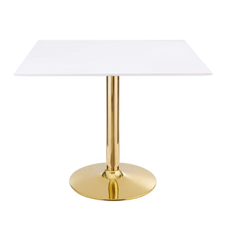 Pedestal Dining Table, 35 Inch Square, White Top, Gold Aluminum Base