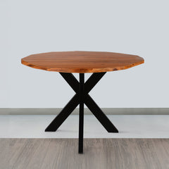 Round Dining Table, Solid Acacia Wood, Seats 4, Brown Top, Black Metal Cross Legs