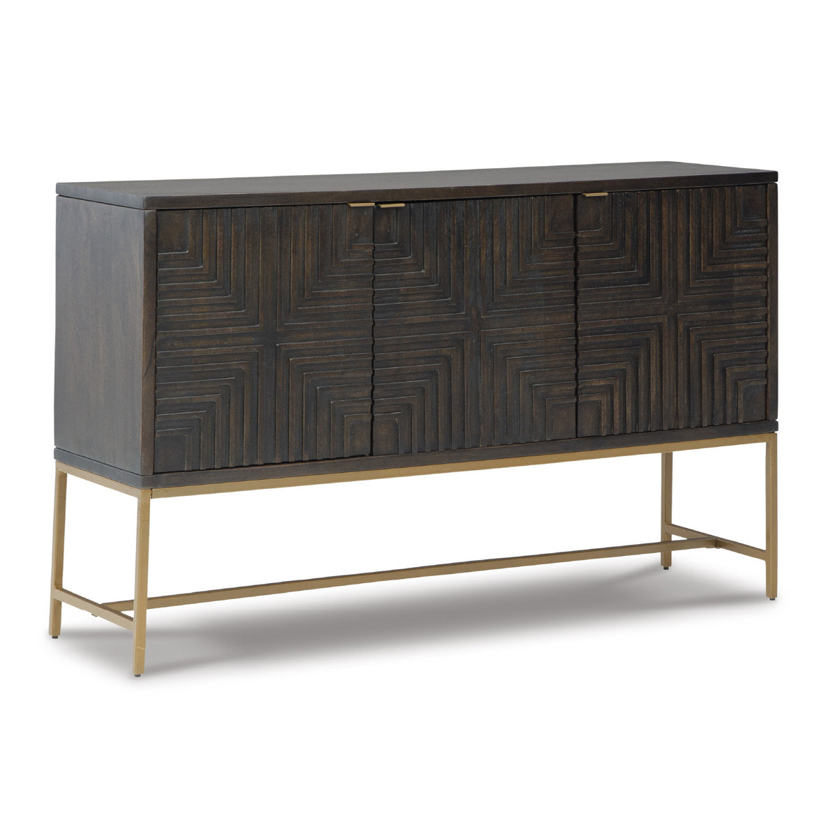 Sideboard, 3 Doors, Solid and Manufactured Wood, Brown with Gold Metal Base