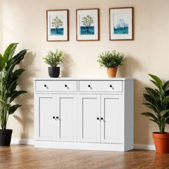 Sideboard with Drawers and Adjustable Shelves, White Manufactured Wood