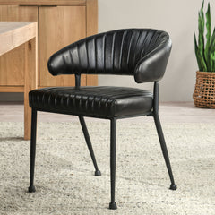 Side Chair, Channel-Tufted Genuine Leather, Black, Metal Legs