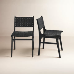 Side Chairs, Set of 2, Black Leather Seat, Solid Mindi Wood Frame
