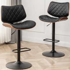 Swivel Bar Stools, Set of 2, Black Faux Leather, Metal Pedestal Base