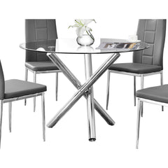 Round Dining Table, Clear Tempered Glass Top, Silver Four-Leg Base