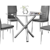 Round Dining Table, Clear Tempered Glass Top, Silver Four-Leg Base