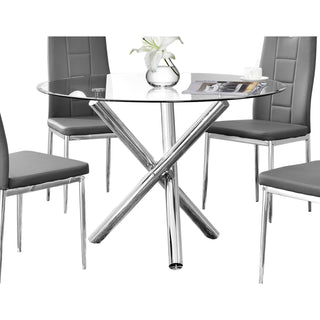 Round Dining Table, Clear Tempered Glass Top, Silver Four-Leg Base