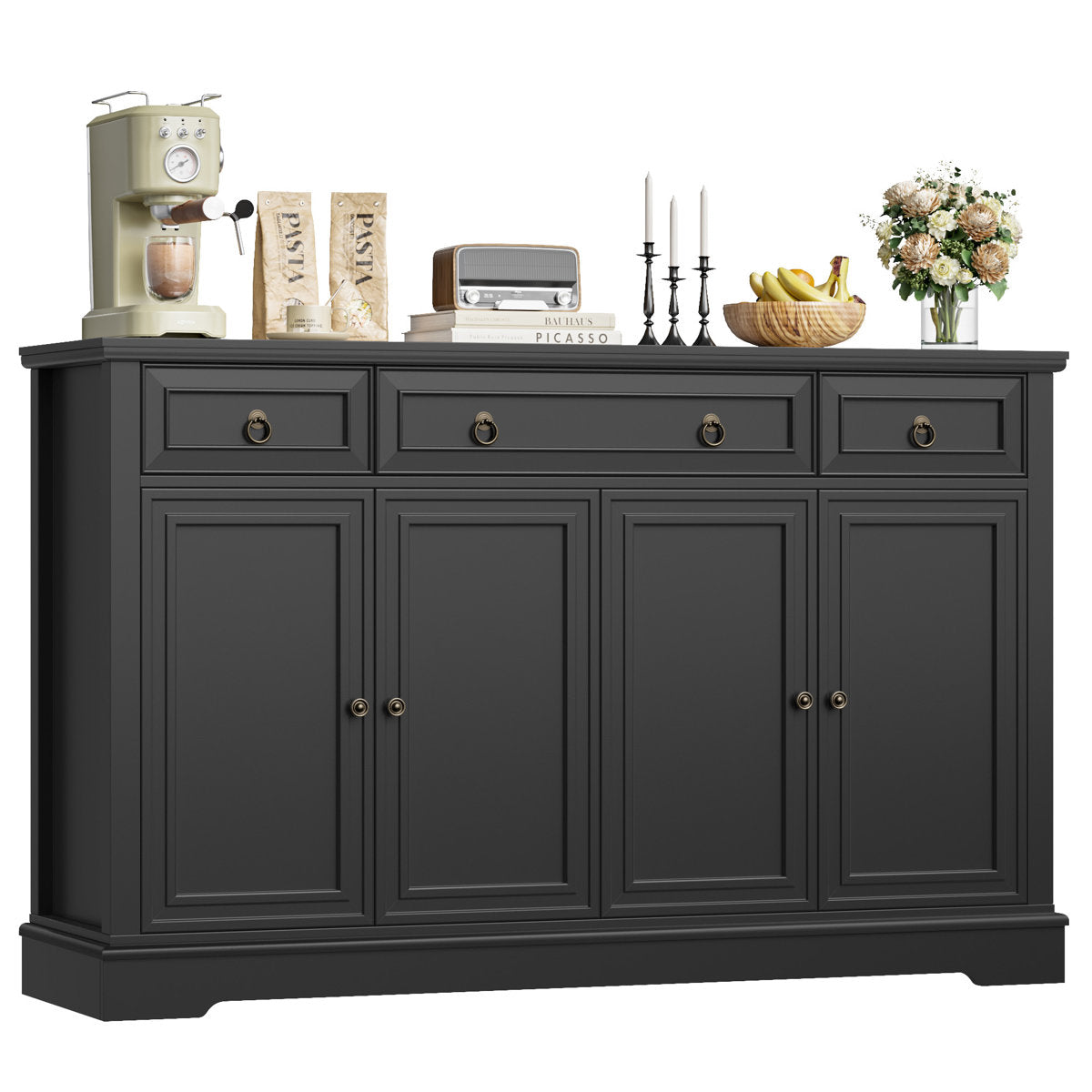 Sideboard, 4 Doors, 3 Drawers, Black Manufactured Wood, 54 Inch Wide