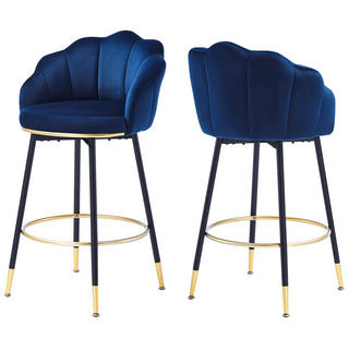 Counter Stools, Set of Two, Blue Velvet Swivel, Black Metal Frame