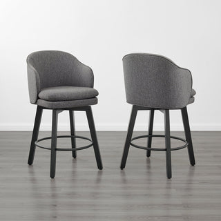 Counter Stools, Set of 2, Dark Gray Fabric Swivel Seat, Black Base