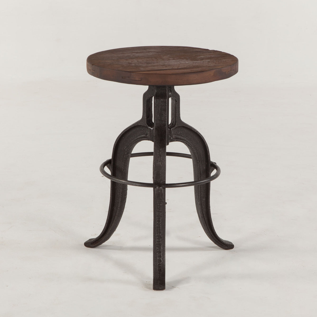Bar Stool, Swivel Reclaimed Teak Seat, Walnut Finish, Black Cast Iron Tripod Base