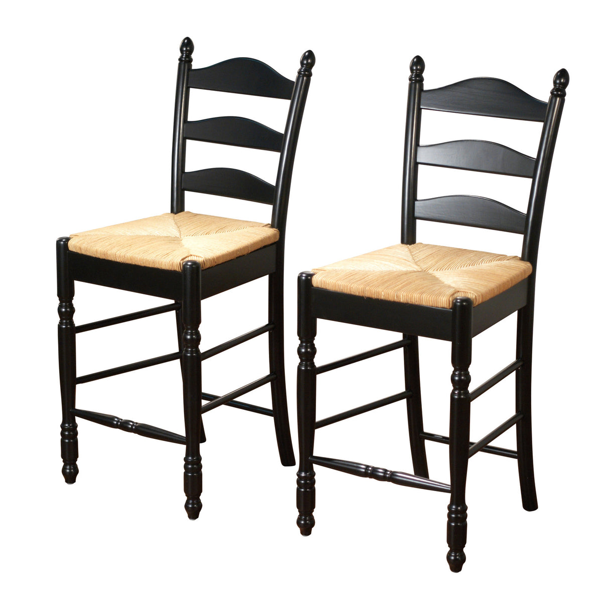 Counter Stools, Set of 2, Ladder Back, Wicker Seat, Black