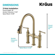 Bridge Kitchen Faucet, Allyn, Pull-Down Sprayer, 2 Lever Handles, Brushed Gold