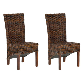Side Chairs, Set of 2, Rattan and Mango Wood, Brown