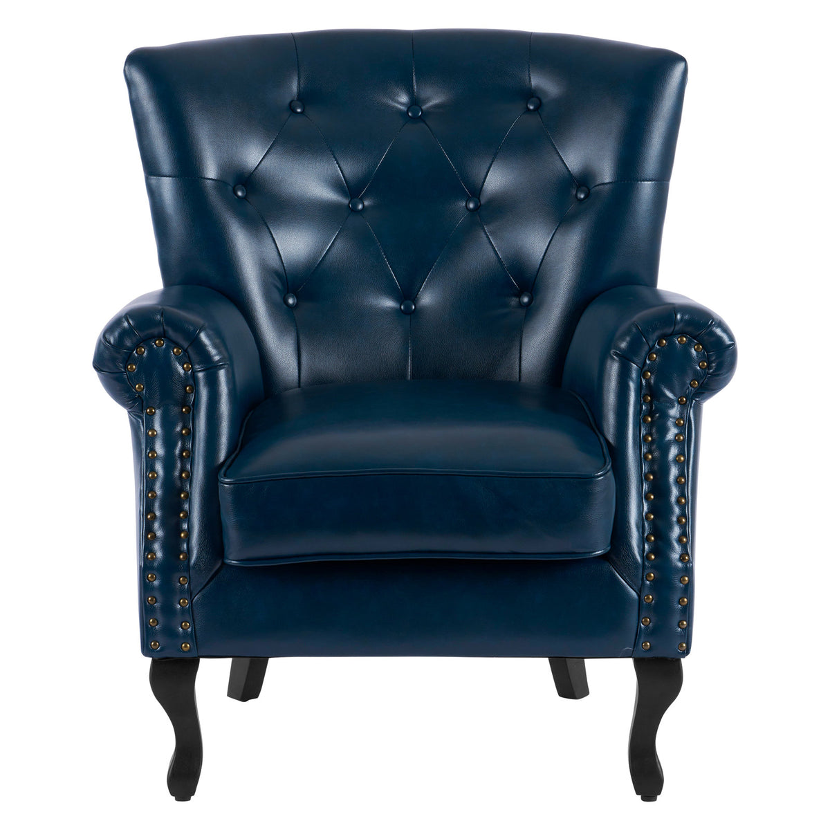 Wingback Chair, Navy Polyurethane Faux Leather, Solid Wood Legs