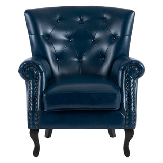 Wingback Chair, Navy Polyurethane Faux Leather, Solid Wood Legs