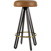 Backless Stool, Brown Leather Seat, Gold and Black Steel Base