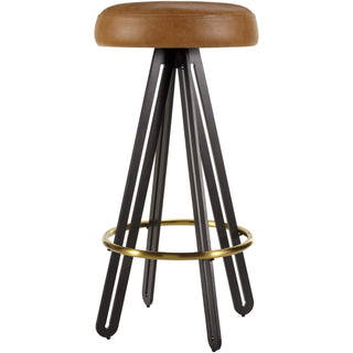 Backless Stool, Brown Leather Seat, Gold and Black Steel Base