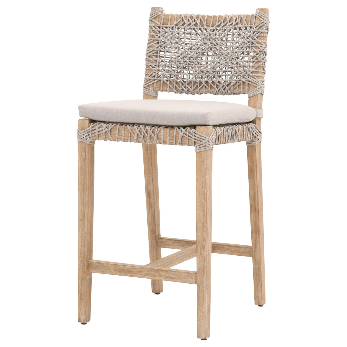 Counter Stool, Woven Rope Seat, White and Taupe, Natural Gray Wood Legs