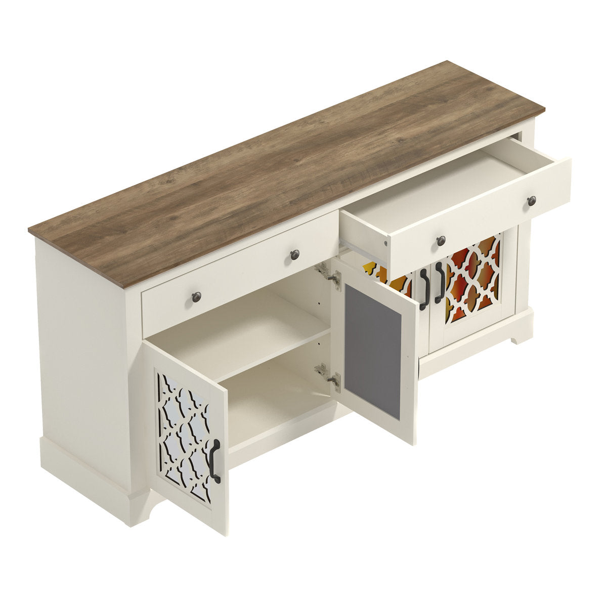 Sideboard, Manufactured Wood, 58.7 Inch Wide, Ivory and Knotty Oak