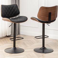 Swivel Bar Stools, Set of 2, Black Faux Leather, Metal Pedestal Base