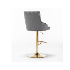 Bar Stools, Set of 2, Gray Velvet, Gold Stainless Steel Swivel Base