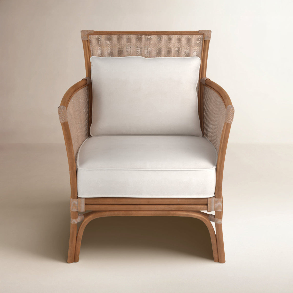 Accent Armchair, Off White Cotton, Solid Wood and Wicker Frame, Natural Legs