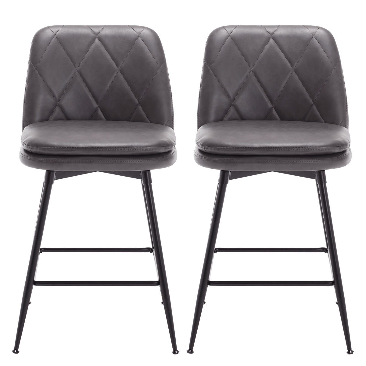 Bar Stools, Set of 2, Gray Faux Leather, Black Metal Frame