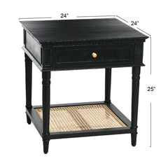 Nightstand, Solid Acacia Wood, Cane Shelf, Drawer, Black