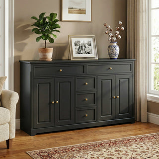 Sideboard Cabinet, 5 Drawers, 4 Doors, MDF, Gold Metal Handles