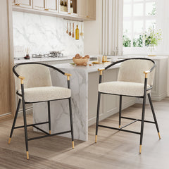 Barstools, Set of 2, Almond Boucle Fabric, Gold and Black Iron Frame