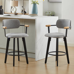 Swivel Barstools, Set of 2, Gray Upholstered Seat, Rubberwood Frame