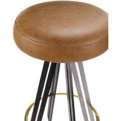 Backless Stool, Brown Leather Seat, Gold and Black Steel Base