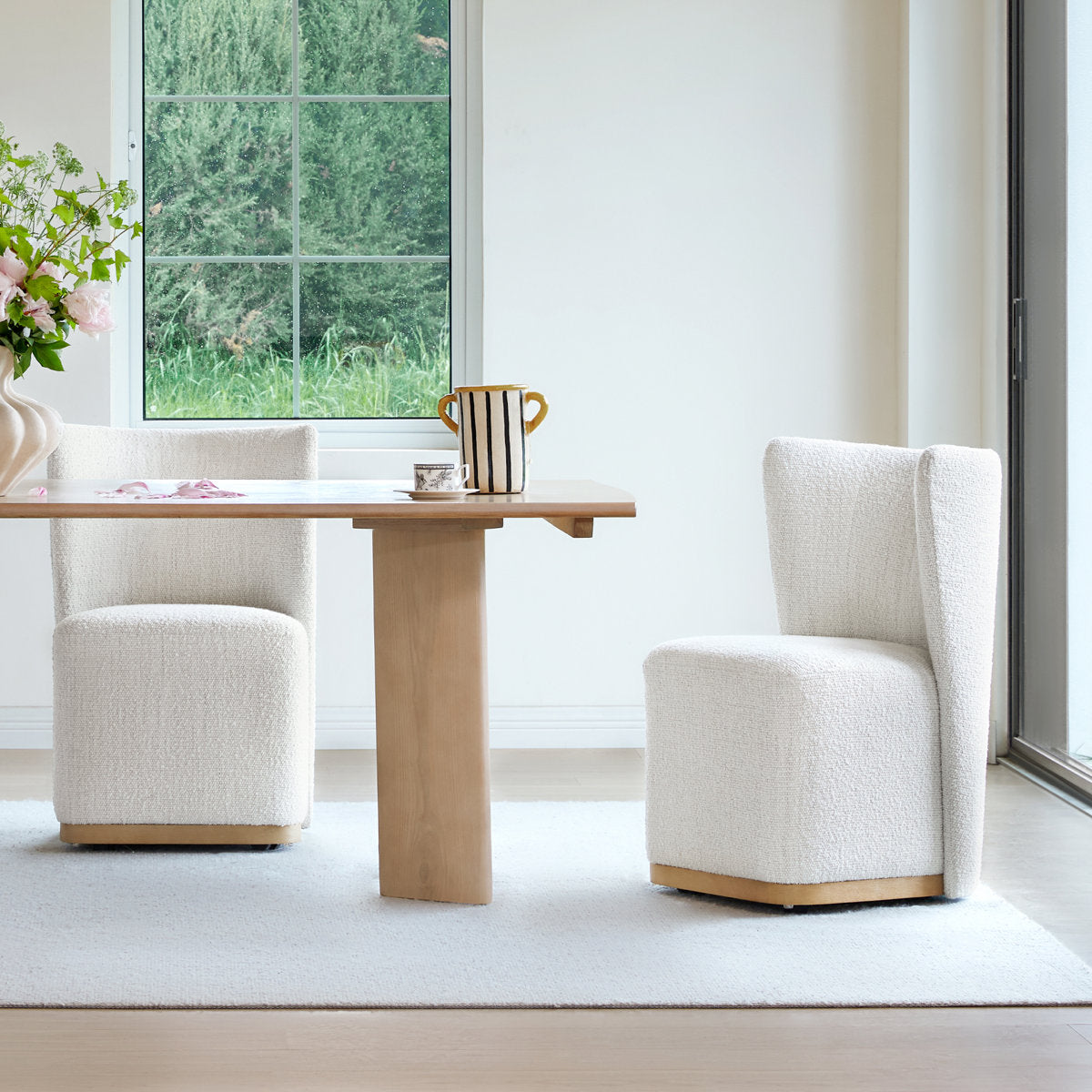 Wingback Dining Chairs, Set of 2, Pearl Boucle Polyester, Wood Legs, Casters