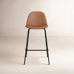 Counter Stools, Set of 2, Saddle Tan Vegan Leather, Black Metal Frame