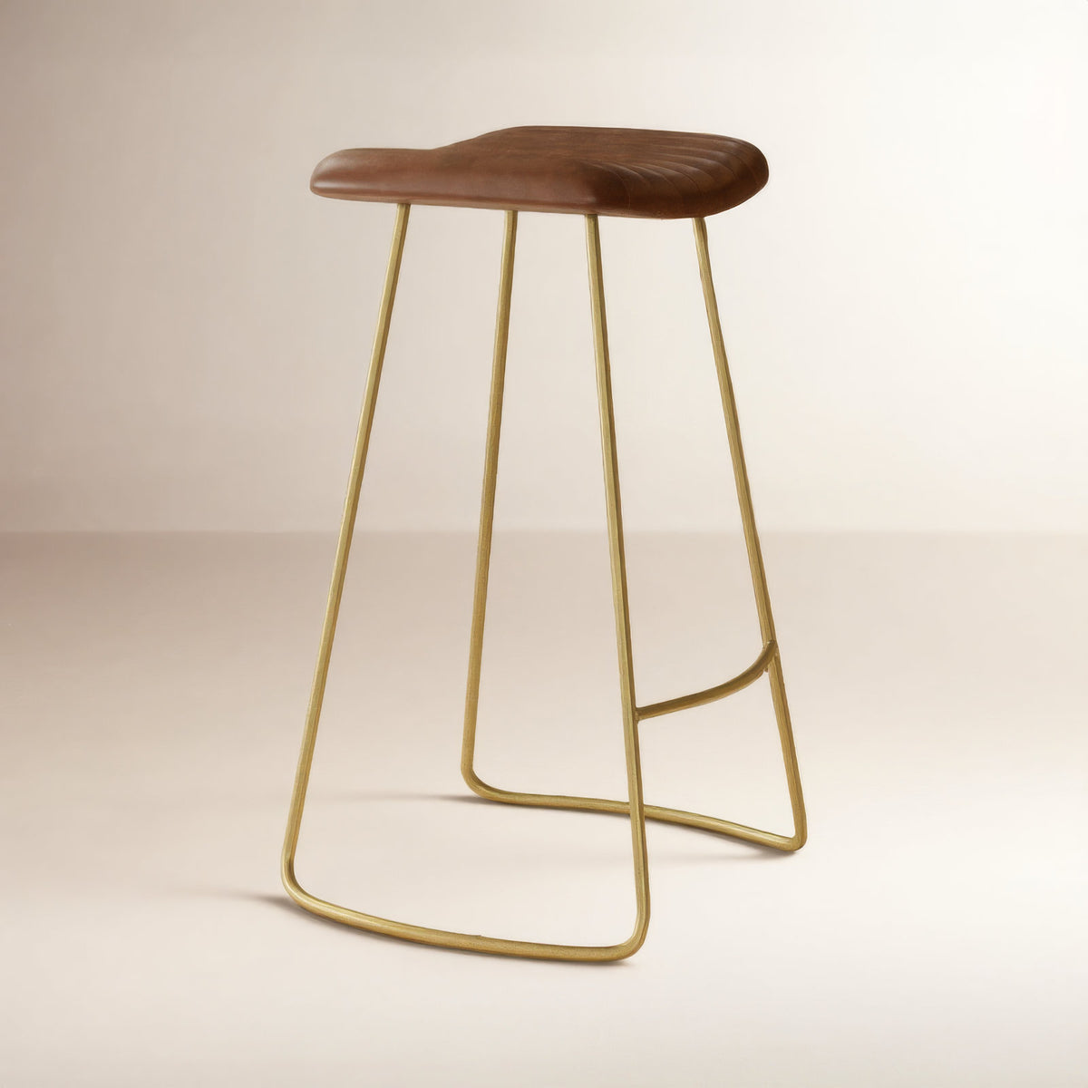 Bar Stool, Natural Genuine Leather Seat, Antique Brass Metal Frame