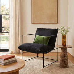 Black Linen Armchair with Iron Frame and Hammock-Style Seat
