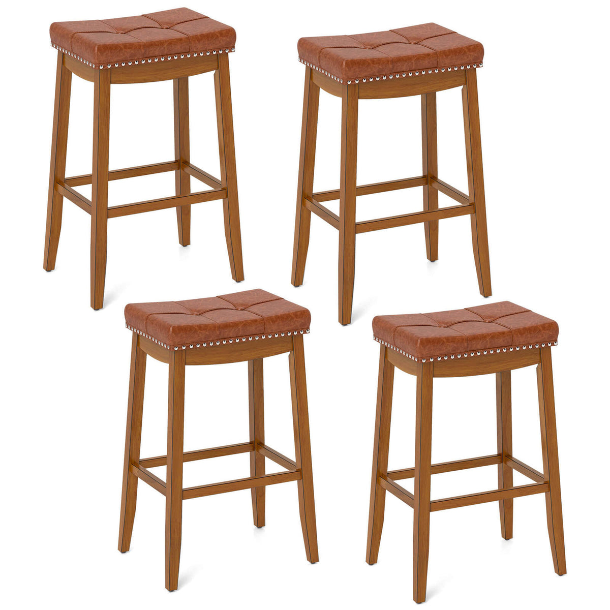 Bar Stools, Brown PU Leather Seat, Rubberwood Legs, 29 Inch Seat Height