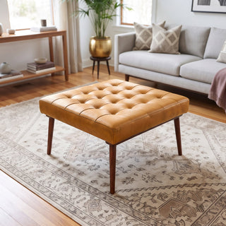 Ottoman, Tufted Square Tan Leather, Solid Wood Legs