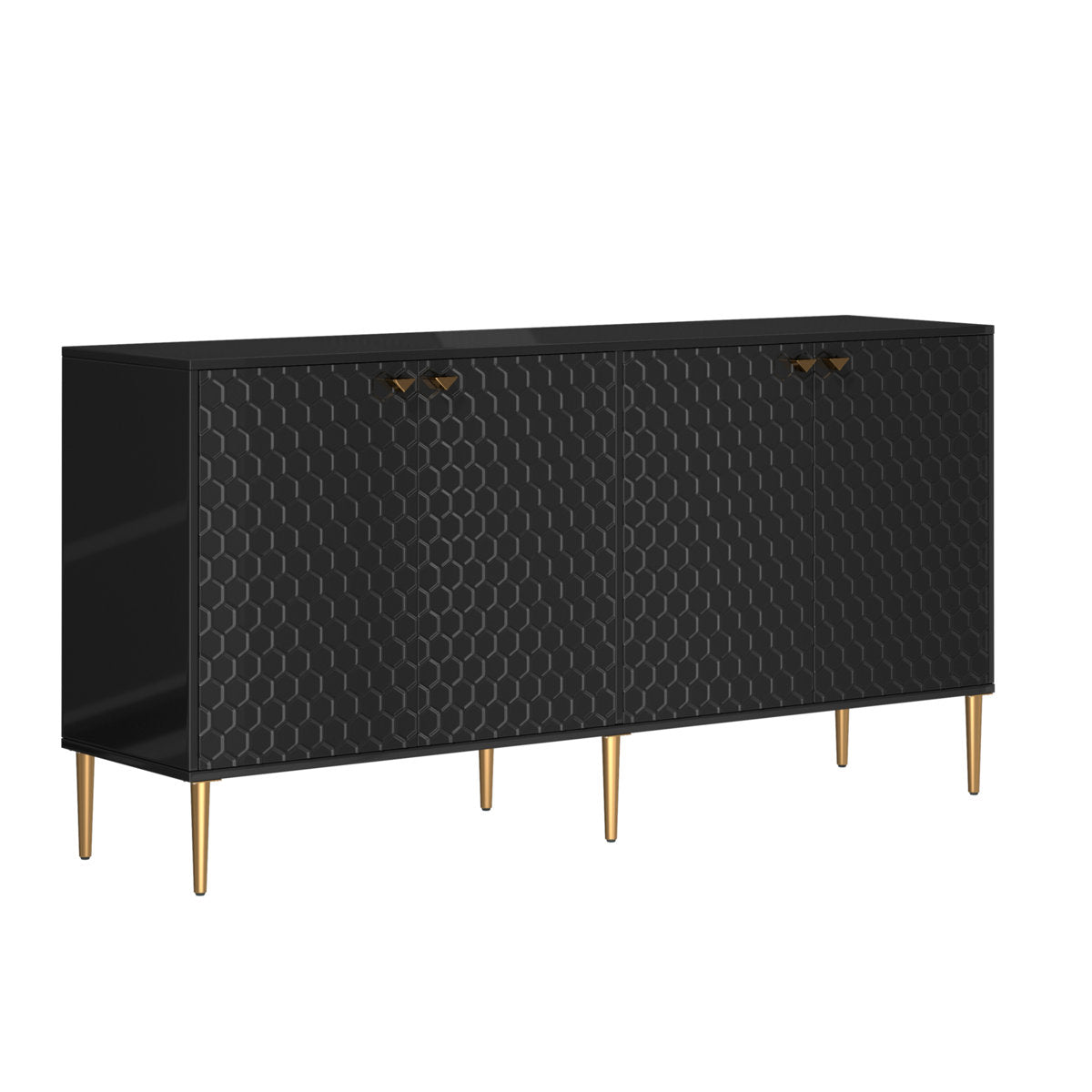 Sideboard Storage Cabinet, 4 Doors, Solid and Manufactured Wood, Black/Gold