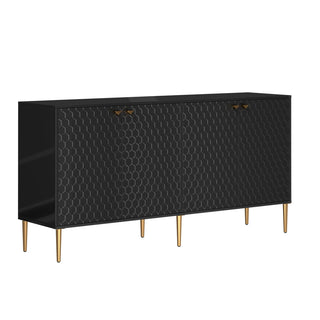 Sideboard Storage Cabinet, 4 Doors, Solid and Manufactured Wood, Black/Gold