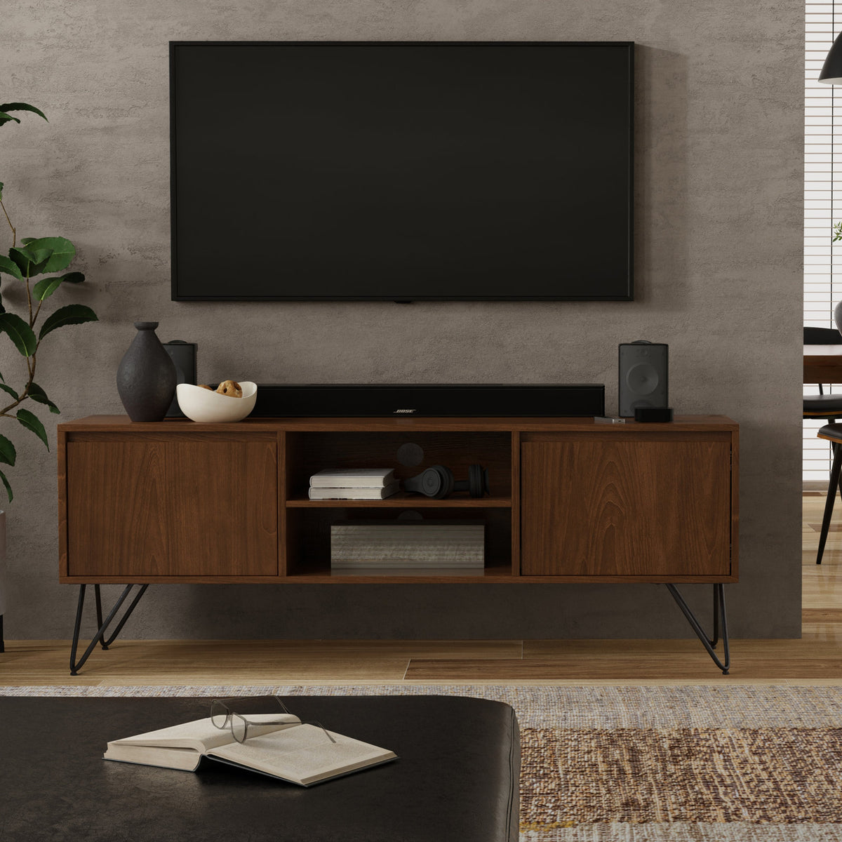 TV Stand, 60 Inch Solid Mango Wood, Two Cabinets, Walnut Veneer, Black Iron Legs